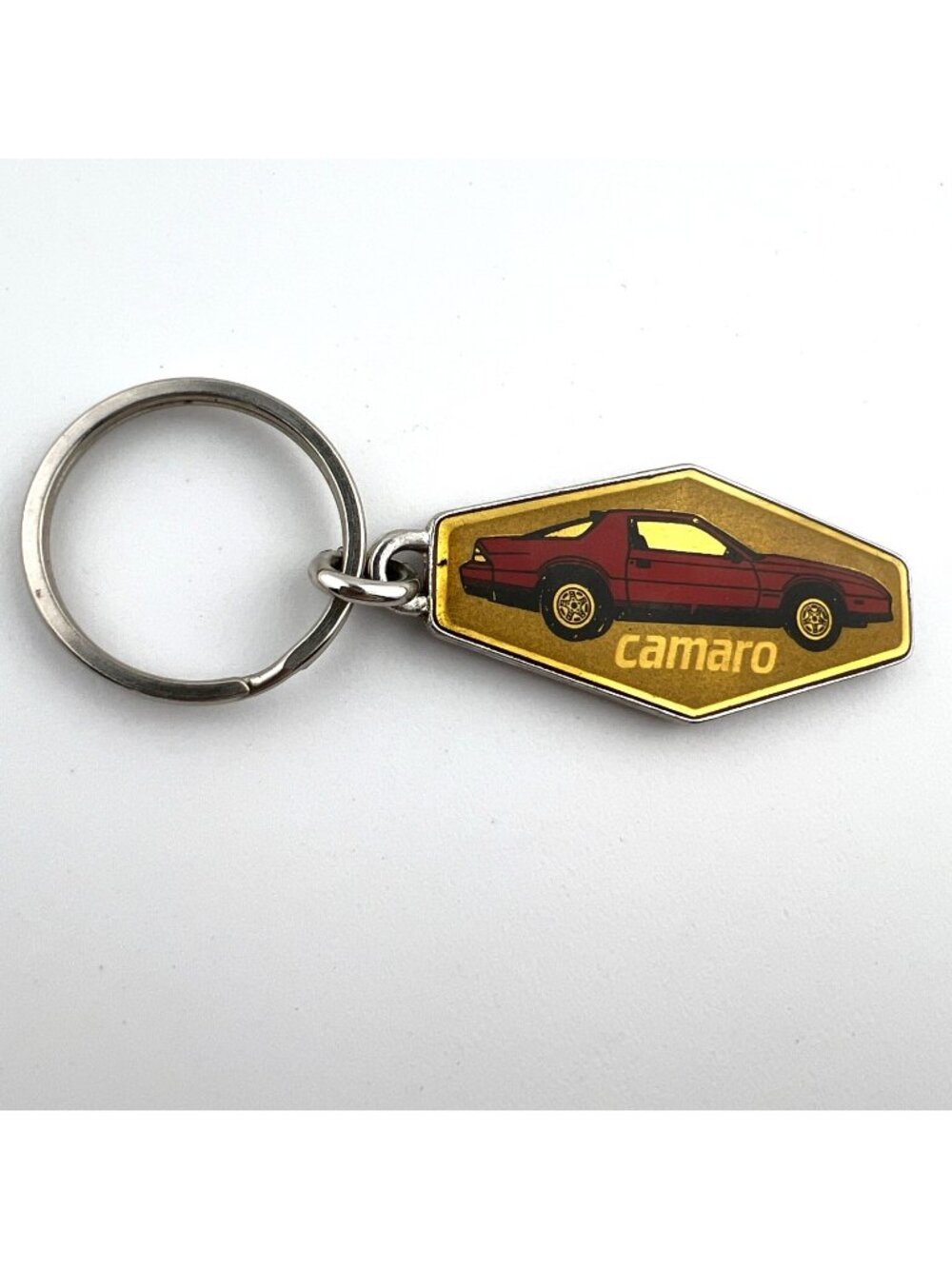 Vintage 80s Chevrolet Camaro Keychain Key Double Sided Hexagon Red Car